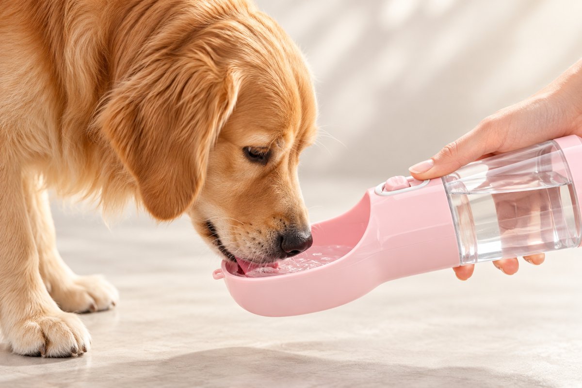 Hund dricker vatten ur Woofly-flaskans skål